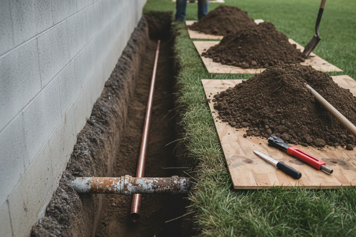 Excavated water line trench during Water Softener Installation in Stanhope